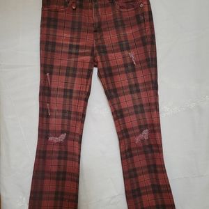 R13 Women's denim pans, JAPANESE FABRIC ,red plaid wrips ,  size 28 / 6